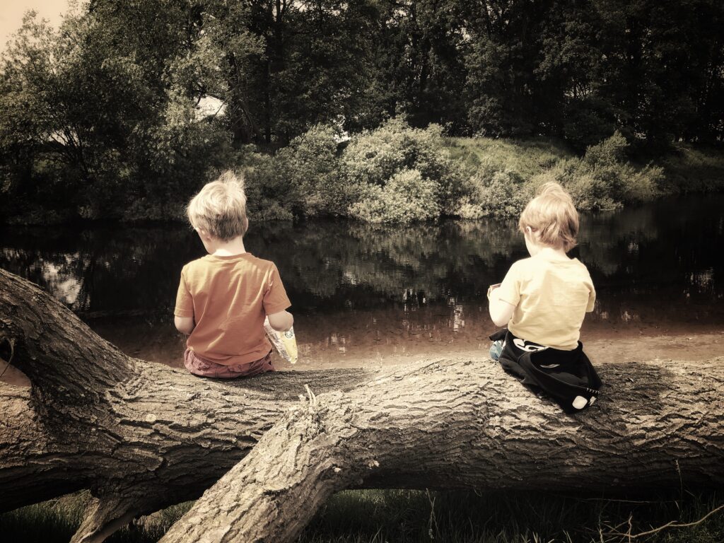 Lads sitting on a log